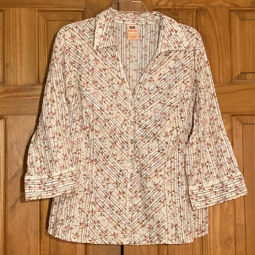 NWOT Faded Glory Women's Plus Vintage 90s Stretch Top Blouse White Pink 18W-20W